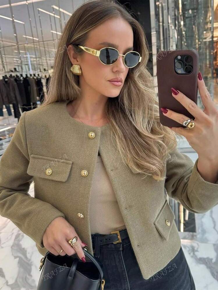 TRAFZA Dames Elegante Casual Tweed Jas Lente Ronde Hals Versierd Lange Mouwen Effen Kleur Jas