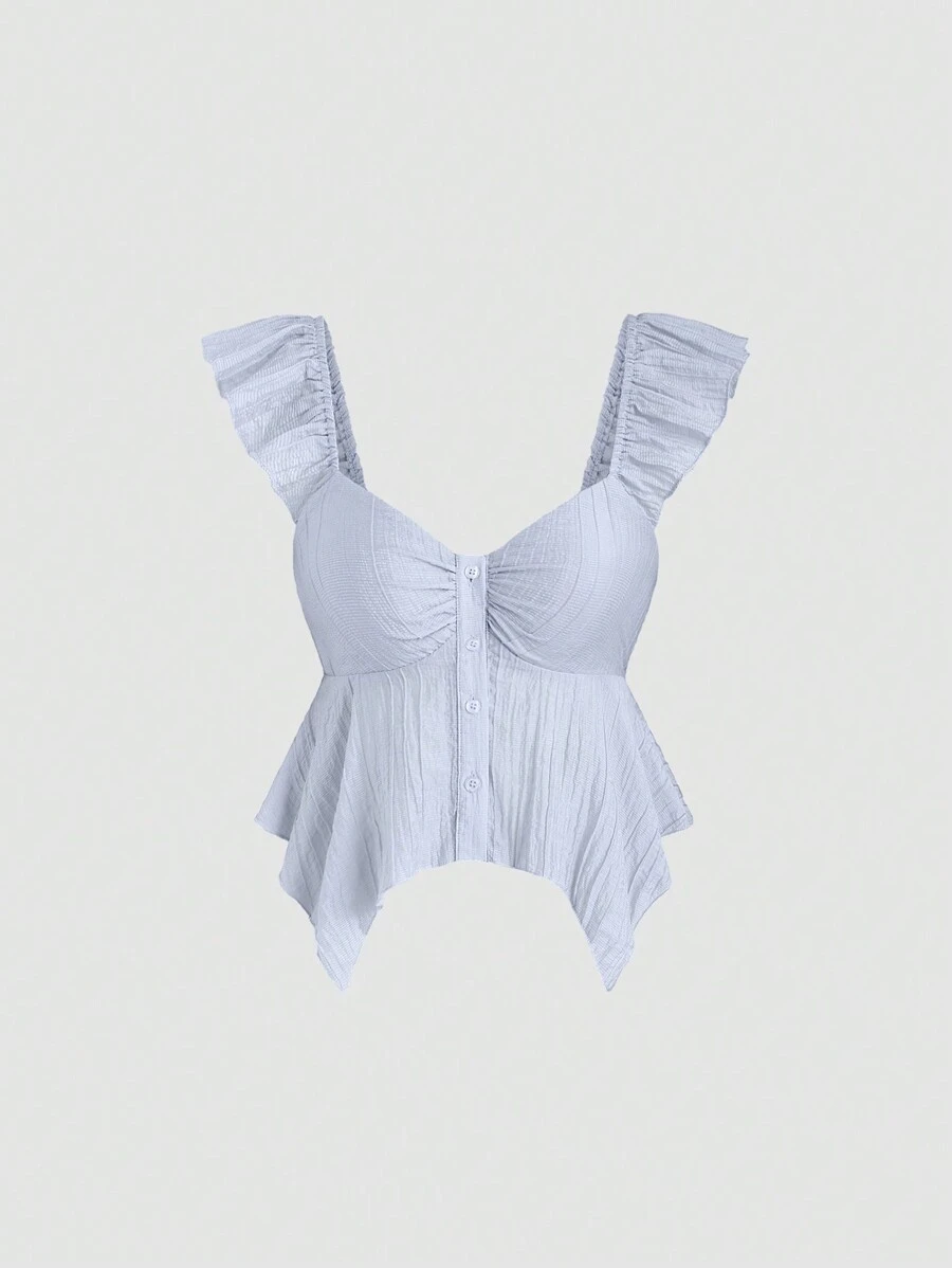 SHEIN Unity 甜美青春的鬆垮荷葉袖女式襯衫上衣，完美搭配 - 藍色 - 查看 1