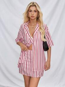 SHEIN Essnce Women's Striped Printed Slim Fit Mini Skirt, Pink/Red Stripes - Pink - View 6