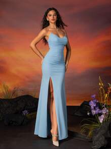 Elegant And Simple Strapless Fish Tail Bridesmaid Formal Dress With Split - Blue - View 1