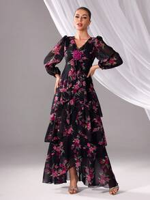 Women's V-Neck Floral Print Ruffle Hem Long Sleeve Dress (Random Print)