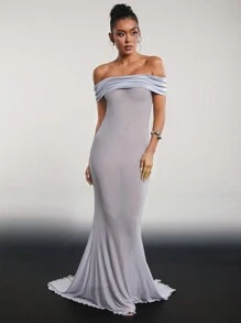 Hauture Ladies' Solid Color Simple Everyday Off-Shoulder Dress - Grey - View 5