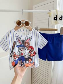 Bubblio Bộ quần short ngắn tay cho bé trai và bé gái mùa hè họa tiết hoạt hình sọc ngắn tay - Nhiều màu - Xem 8