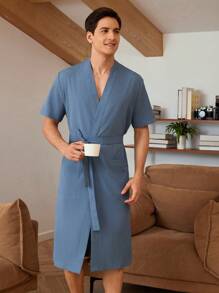 Men Solid Dual Pocket Belted Robe - Blue - View 5