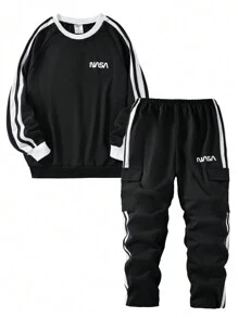 SHEIN Teen Boys' 2pcs Fashionable Sports Printed Outfit - Black - View 8