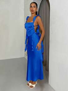 SHEIN BAE 海军蓝女士细肩带露背垂领连衣裙，喇叭下摆，适合海滩度假、毕业典礼、婚礼派对 - 寶藍色 - 查看 5