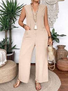 SHEIN Clasi Plus Size Boho Solid Color Sleeveless Jumpsuit With Notch V-Neck And Pocket, For Summer - Apricot - View 1