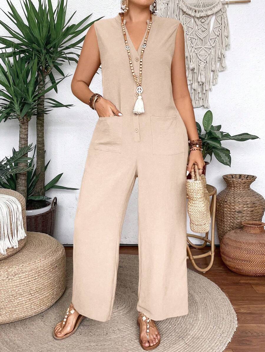 SHEIN Clasi Plus Size Boho Solid Color Sleeveless Jumpsuit With Notch V-Neck And Pocket, For Summer - Apricot - View 1