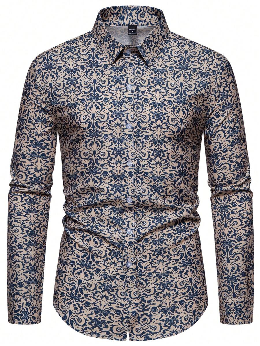 SHEIN Manfinity Mode Camisa de manga larga con estampado de vides retro exquisito y lujoso para eventos formales de negocios y fiestas, otoño - Multicolor - Ver 1
