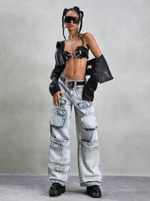 SHEIN ICON Women's Loose Fit Casual Denim Wide Leg Pants With Multiple Workwear Pockets Low Rise Straight Leg Jeans - Light Wash - View 3