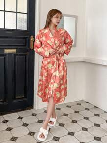 DAZY Luxurious Satin Floral Printed Lapel Belted Robe Pajama - Red - View 4