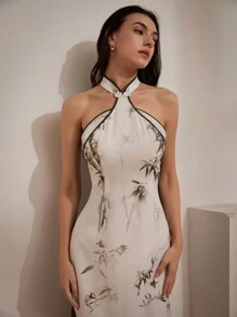 Chiquease Đầm cổ dây in hình tre thanh lịch với chi tiết kiểu Trung Quốc - Nhiều màu - Xem 2