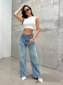 Denimoi 刺繡數字寬腿牛仔褲 - 淺色水洗藍 - 查看 1