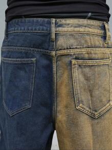 Manfinity Streetrush Pantalones vaqueros rectos rasgados para hombre sin cinturón, pantalones vaqueros anchos azul oscuro de pierna larga desgastados y holgados, para regalos de esposo o novio