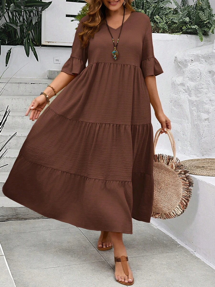 EMERY ROSE Plus Size Women's Deep V-Neck Ruffle Sleeve Multi-Tiered Hem Long Yellow Dress For Summer - Brown - View 1