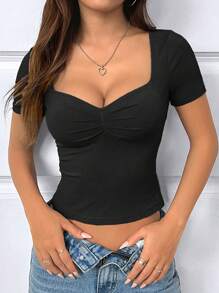 Xyvia Sweetheart Neck Ruched Bust Crop Tee For Summer - Black - View 1
