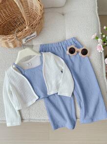 SHEIN LMoss Kids LMoss Baby Girl Cute Casual Knitted Long Sleeve Cardigan, Solid Color Tank Top & Long Pants 3pcs Outfit Set - Blue - View 7