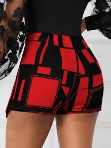 SHEIN Lady Geo Print Asymmetrical Hem Skort - Red - View 2
