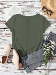 EMERY ROSE 大码休闲花朵羽毛图案 V 领修身 T 恤适合夏季 - 軍綠色 - 查看 2