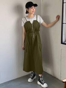 FRIFUL Vestido de tirantes de punto con cremallera y cordón en la cintura sin camiseta, vestido de verano