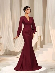 Faeriesty Women Elegant Elegant Cross-Over V-Neck Lantern Sleeve Mermaid Hem Dress - Sophisticated Timeless Design For Spring/Summer Weddings, Galas, Red Carpet Bridesmaid Dress,Summer Holiday Outfits - Burgundy - View 4