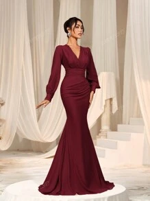 Faeriesty Elegant Cross-Over V-Neck Lantern Sleeve Mermaid Hem Dress - Sophisticated Timeless Design For Spring/Summer Weddings, Galas, Red Carpet Bridesmaid Dress