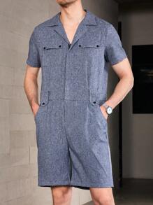 Manfinity Homme Men Flap Pocket Button Front Romper Summer Holiday Casual Long Linen Pants - Dark Grey - View 6