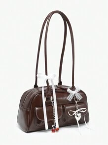 ROMWE Kawaii 复古可爱风格女士格子单肩包，带蝴蝶结、樱桃和心形装饰，多口袋波士顿包，学校