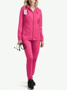 TaskEZ Women's Pink 2 Pocket Front Zipper Comfort Soft Stretch Knit Hooded Scrub Uniform Jacket Nurse Scrub Uniform Jacket