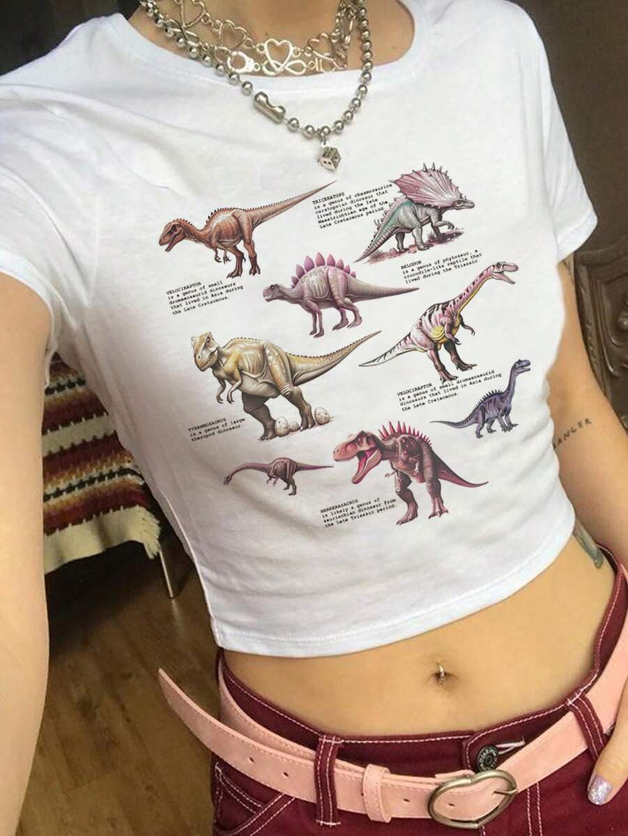 SHEIN EZwear 休閒恐龍印花白色圓領短袖修身女式截背T恤，適用於夏季