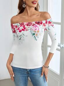 SHEIN Clasi 花卉印花露肩T恤 - 白色 - 查看 6