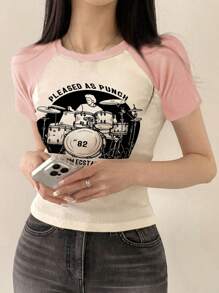 DAZY 字母圖形拼接拉甘袖T恤 - 粉色 - 查看 2