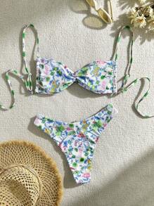 Swim Vcay 女性夏日沙灘花卉印花比基尼套裝，扭結前面細節，隨機印花 - 彩色 - 查看 2