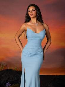 Elegant And Simple Strapless Fish Tail Bridesmaid Formal Dress With Split - Blue - View 6