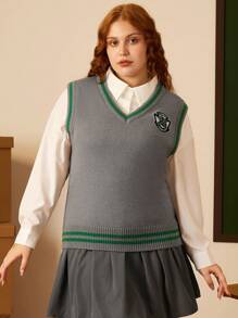 HARRY POTTER X SHEIN Chaleco de jersey gris clásico con cuello en V suave y cálido y aplique de parche de logotipo de Slytherin Plus, adecuado para uso diario y visita a Universal Studios - Gris - Ver 6