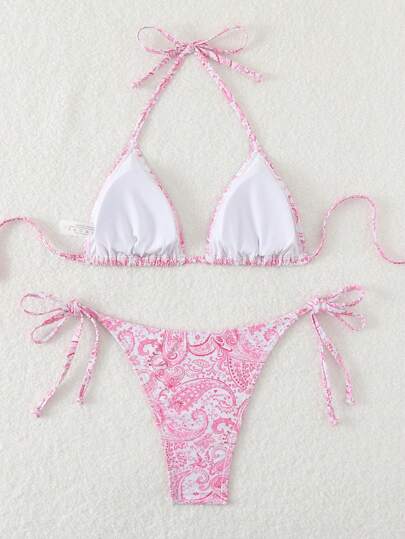 Swim Mod Ladies Summer Beach Paisley Printed Pink Halter Neck Tie Sexy Bikini Set, Random Print
