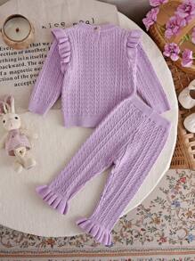 Baby Mädchen Pullover Set, Herbst/Winter gestrickter Pullover mit Rüschen und Hose, elegant und modisch in lila Tönen