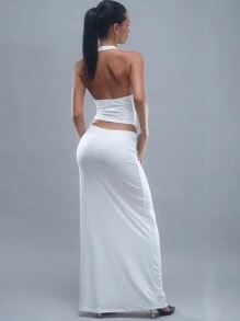 SHEIN BAE Ladies' Solid Color Simple Daily Camisole & Long Skirt Set With Halterneck Swung Collar Top Sexy Outfits Going Out Sets Summer Women Sets Two Pieces Skirt Set