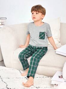 SHEIN Young Boy Simple Casual Decorative Pocket Home Outfit 2pcs/Set - Green - View 5