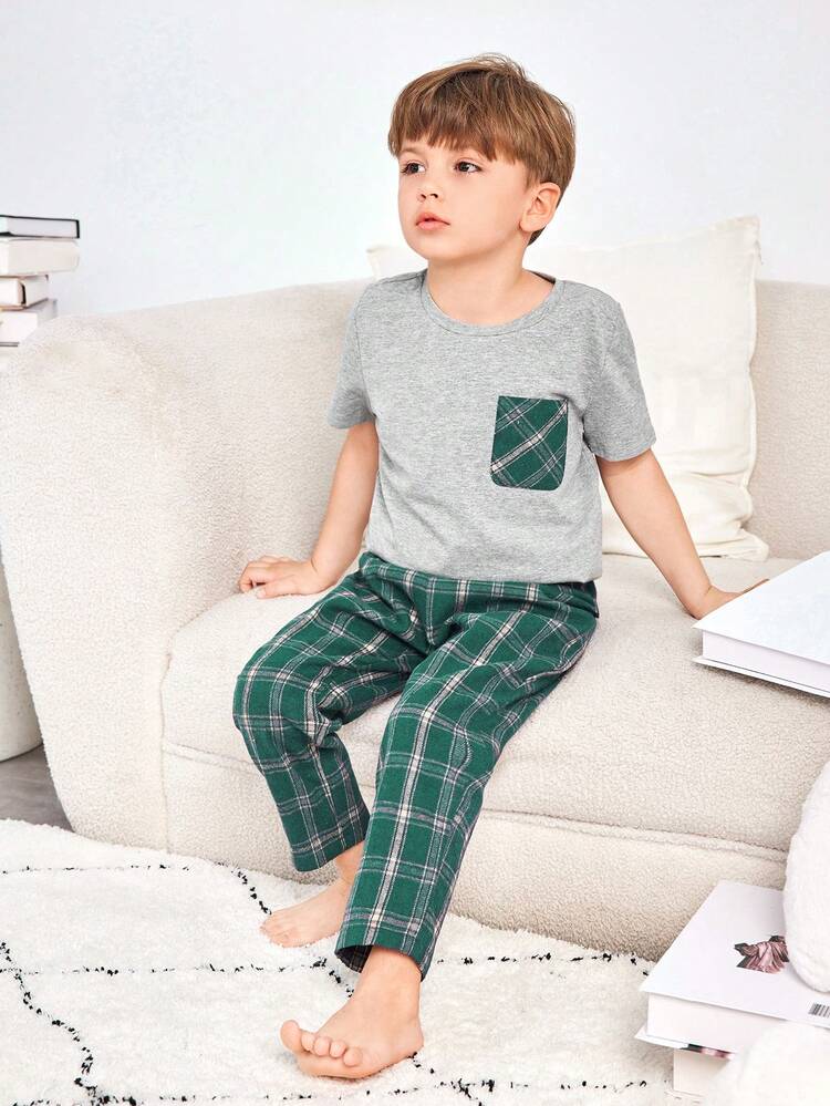 SHEIN Young Boy Đơn giản trang trí giản dị Pocket Home Outfit 2 cái/bộ - màu xanh lá - Xem 5