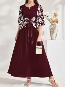 Al Najma 花卉印花V領流蘇腰帶連衣裙