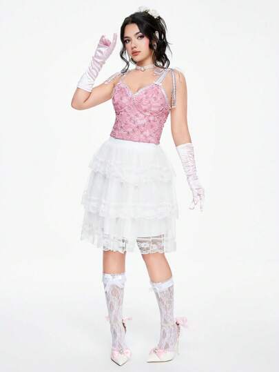 ROMWE Fairycore 玫瑰花紋蕾絲布甜美可愛復古女士坦克上衣