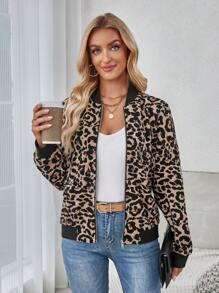 SHEIN LUNE Autumn & Winter Leopard Print Varsity Jacket For Women, Long Sleeve, Perfect For Back To School Relays And Sports Day - Brown - View 4