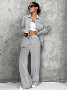 SHEIN EZwear 女式长袖条纹衬衫和裤子两件套 - 藍白色 - 查看 11