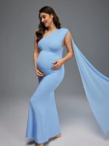 SHEIN Váy đuôi cá trễ vai chụp ảnh bầu, váy bầu, dự tiệc - Màu xanh lam - Xem 2