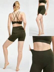 GLOWMODE 4.3" FeatherFit™ Cargo Biker Shorts Anti-Slip With Back Pockets Low Impact Yoga Daily - Army Green - View 7