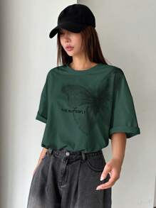 DAZY Slogan & Butterfly Print Drop Shoulder Tee THE BUTTERFLY Oversized T-Shirt - Mint Green - View 5