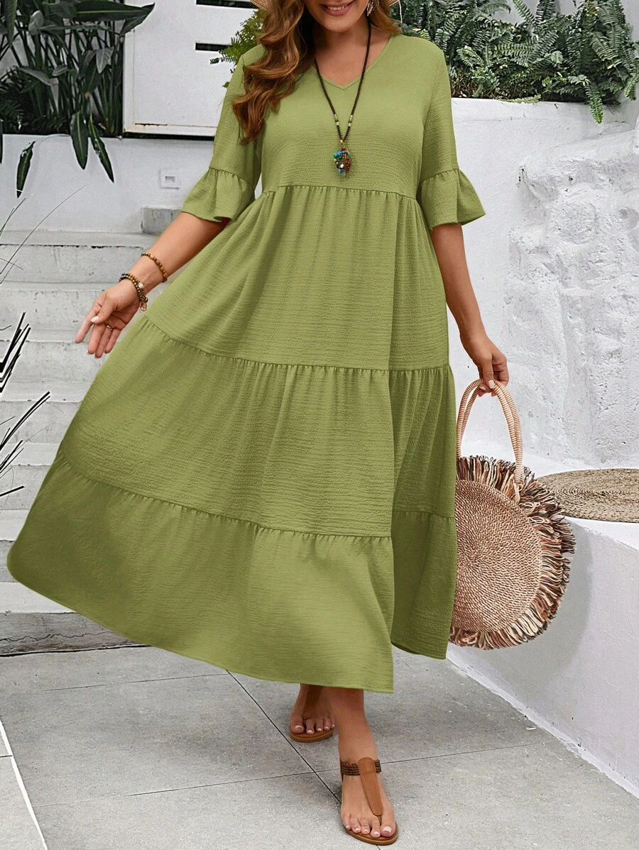 EMERY ROSE 夏季大码女式深V领荷叶袖多层下摆长款黄色连衣裙 - 綠色 - 查看 1