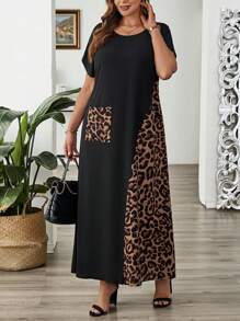 EMERY ROSE Plus Contrast Leopard Print Patch Pocket Short Sleeve Summer Dress Summer Outfits Casual Women Dresses Dress,Spring - Black - View 4