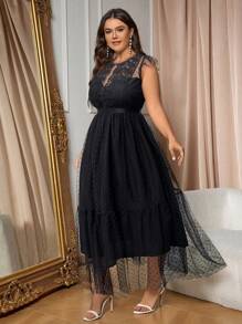 Cravure Plus Contrast Lace Ruffle Hem Mesh Dress Maxi Women Outfit Wedding - Black - View 4